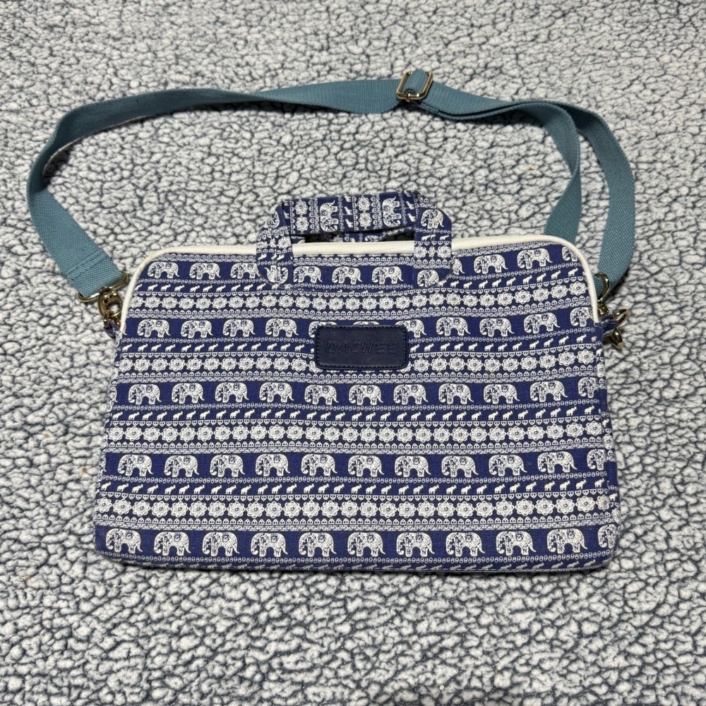 Dachee Blue Elephant Print Laptop Messenger Bag Canvas Padded Sleeve Case